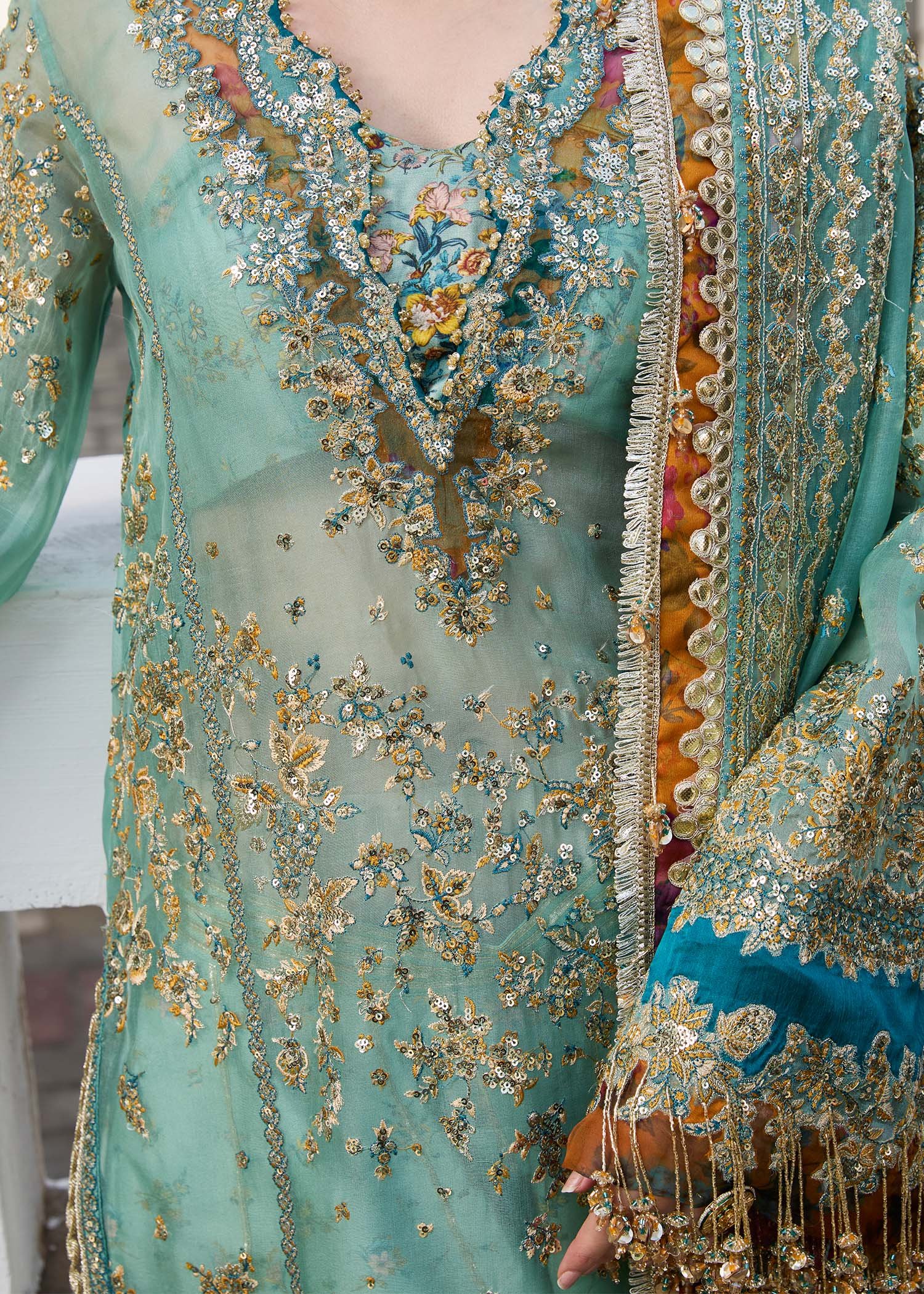 Hussain Rehar Embroidered Organza Party Wear Suit - Close-Up Hand Embellishment Tilla & Pearl Work | IQNAZ