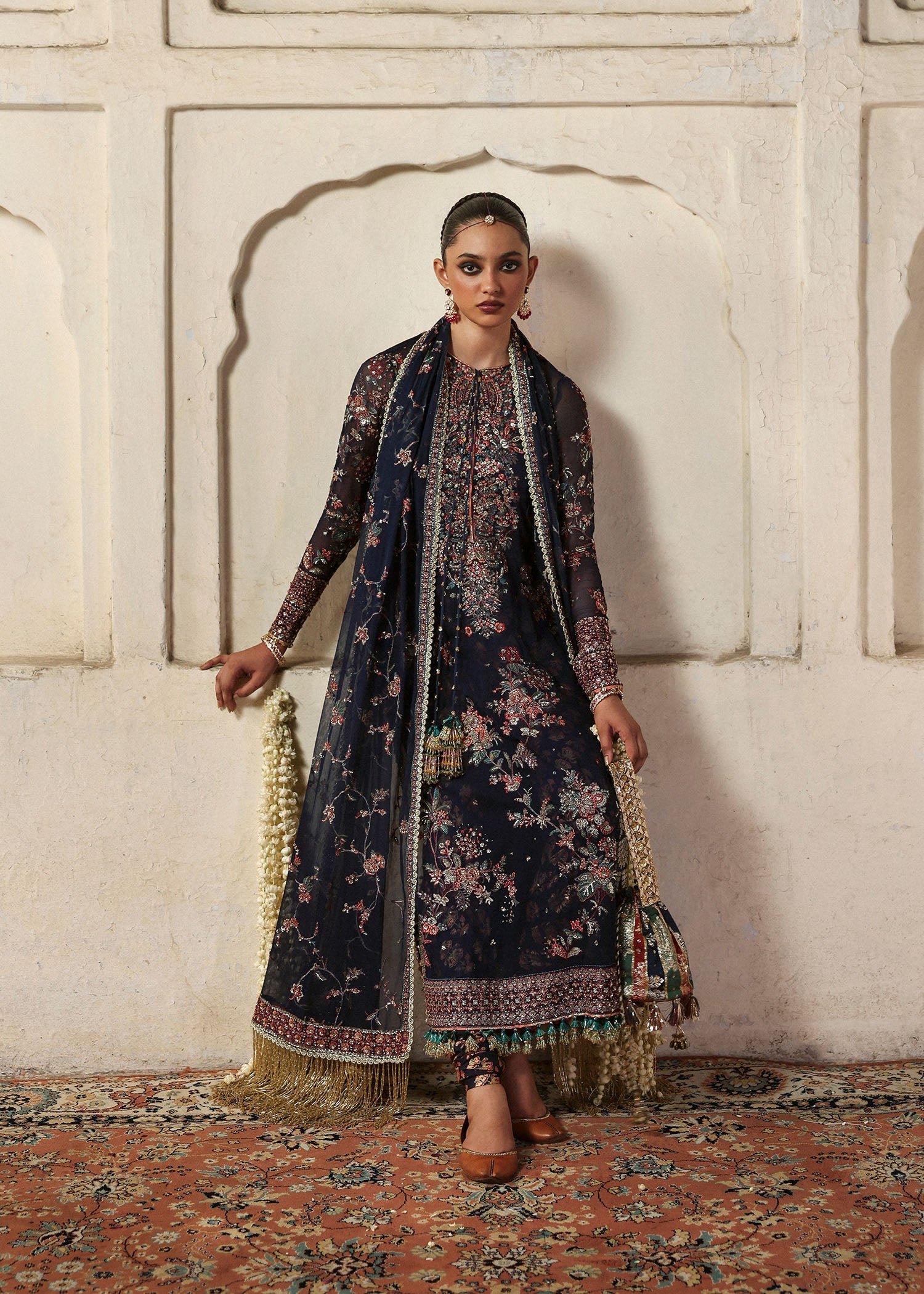 Hussain Rehar Embroidered Organza Party Wear Suit - Model Front Look | Pakistani Designer Replica Wholesale | IQNAZ
