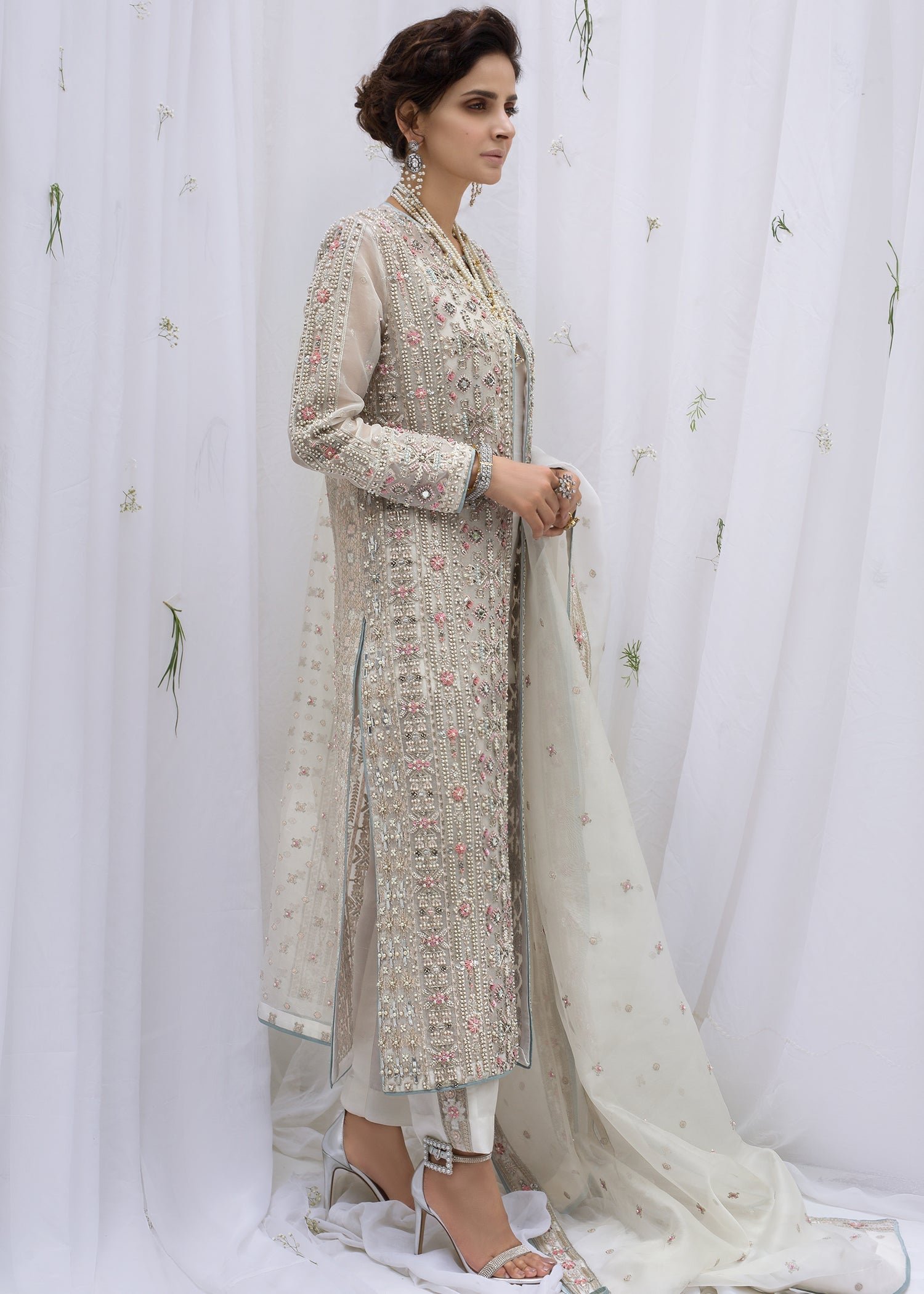 Hussain Rehar Embroidered Organza Party Wear Suit - Model Front Look | Pakistani Designer Replica Wholesale | IQNAZ