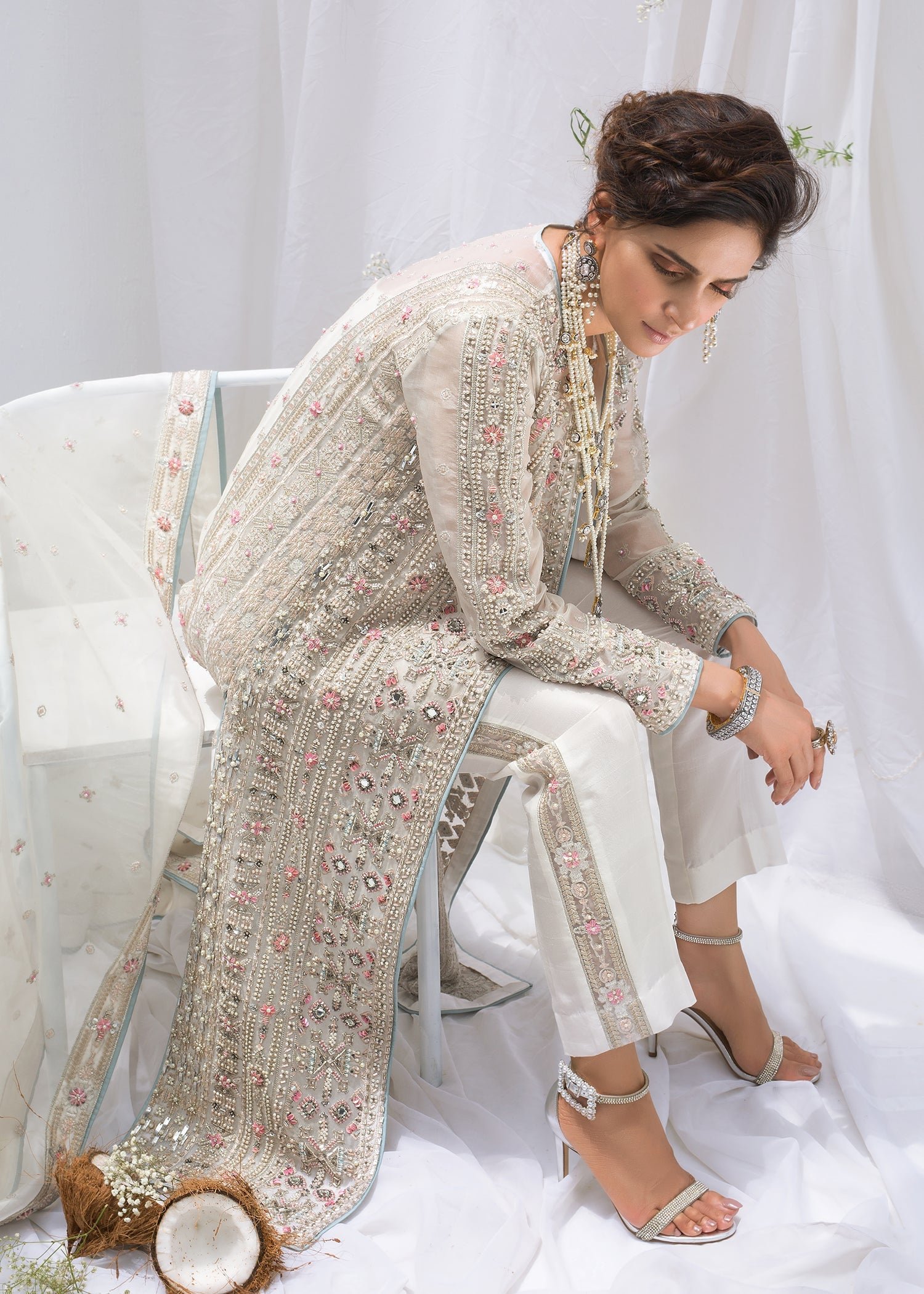 Hussain Rehar Embroidered Organza Party Wear Suit - Embroidered Back & Daman Silhouette Detailing | IQNAZ