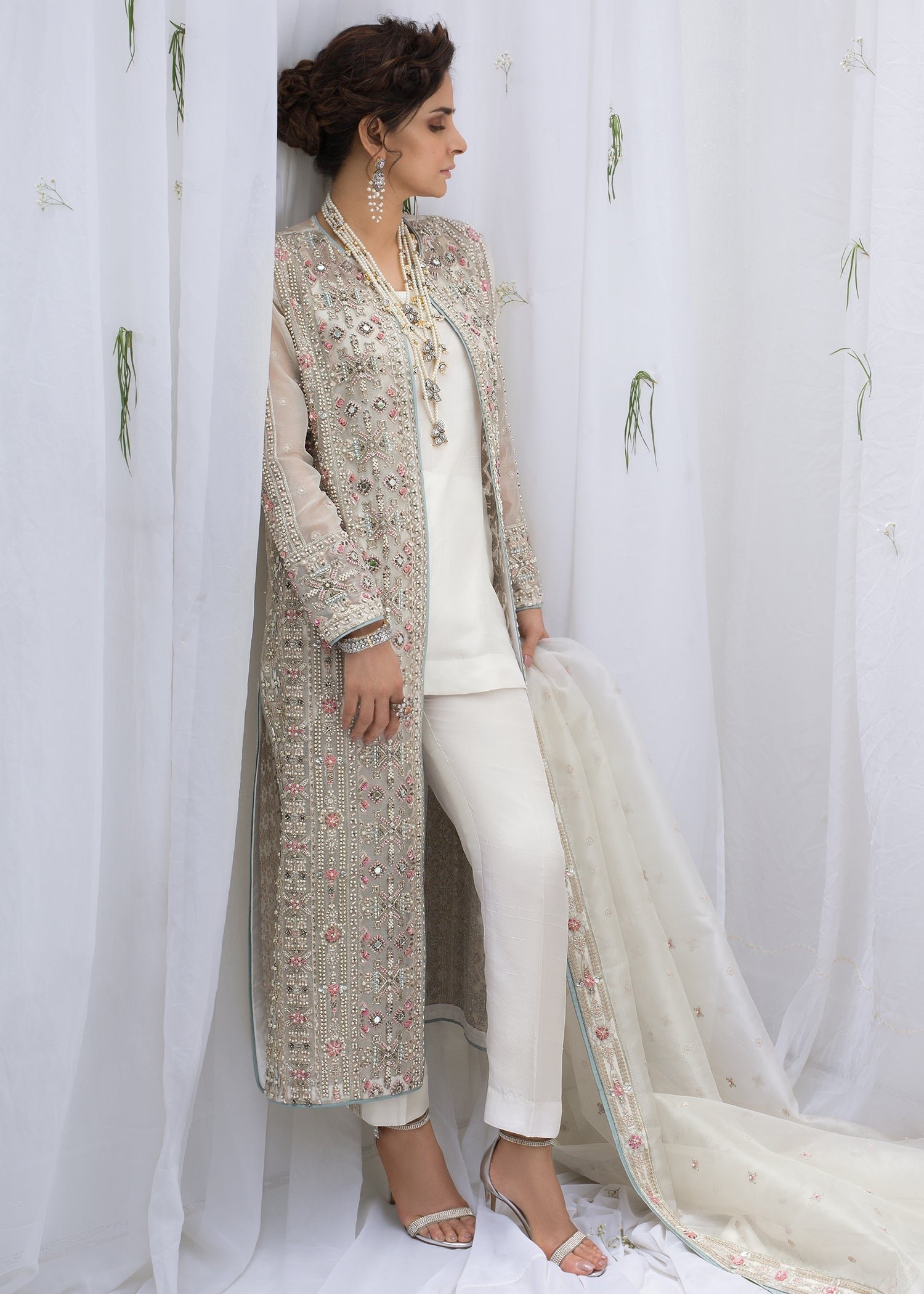 Hussain Rehar Embroidered Organza Party Wear Suit - Close-Up Hand Embellishment Tilla & Pearl Work | IQNAZ