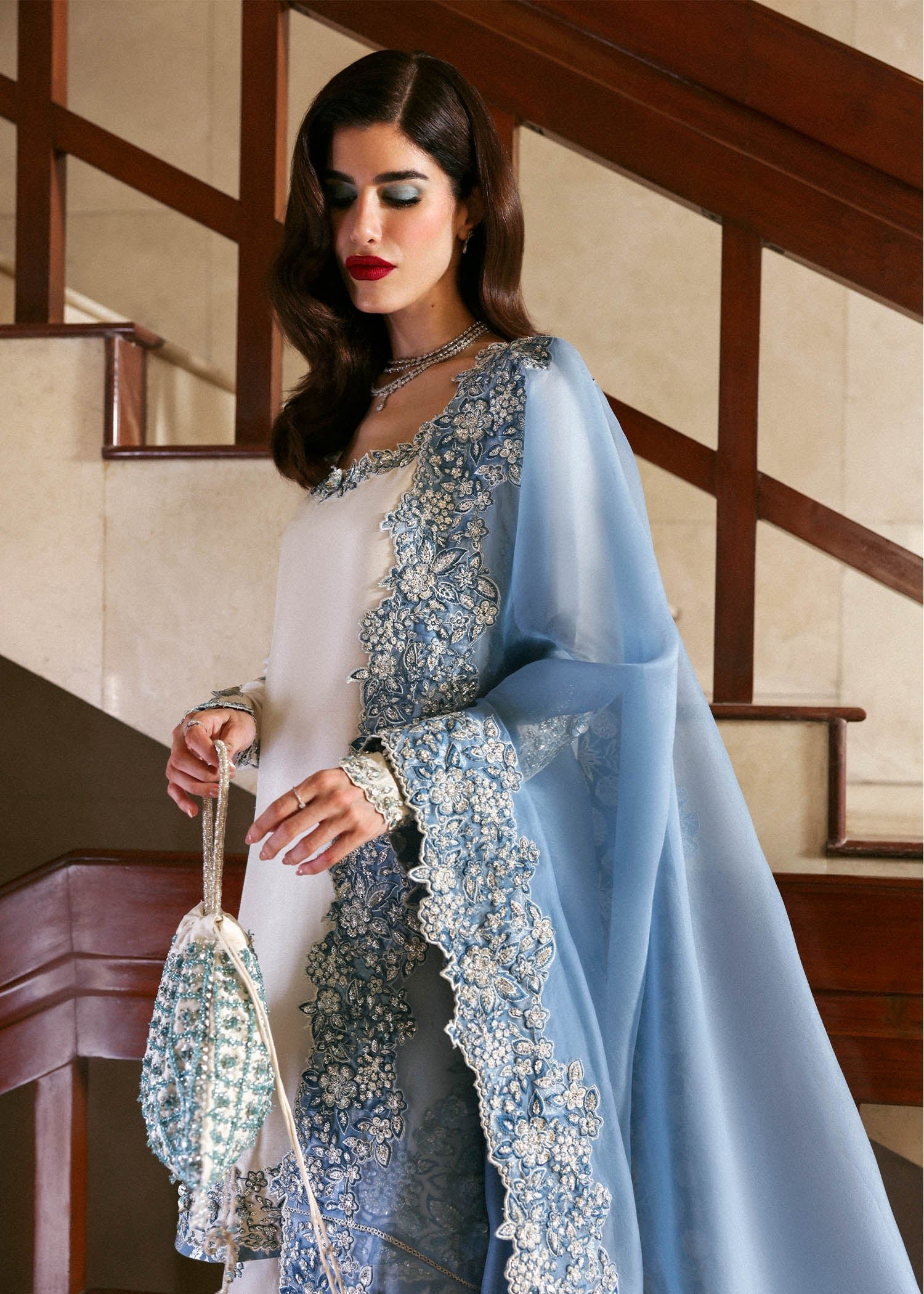 Hussain Rehar Embroidered Organza Party Wear Suit - Embroidered Back & Daman Silhouette Detailing | IQNAZ