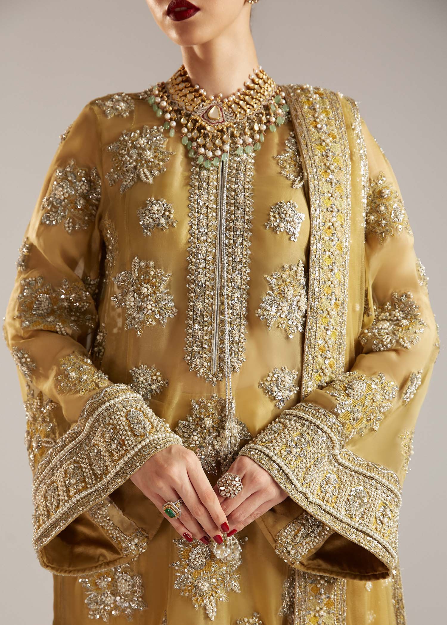 Hussain Rehar Hand Embellished Organza Party Wear Suit - Four-Sided Embroidered Dupatta & Pallu Border | IQNAZ