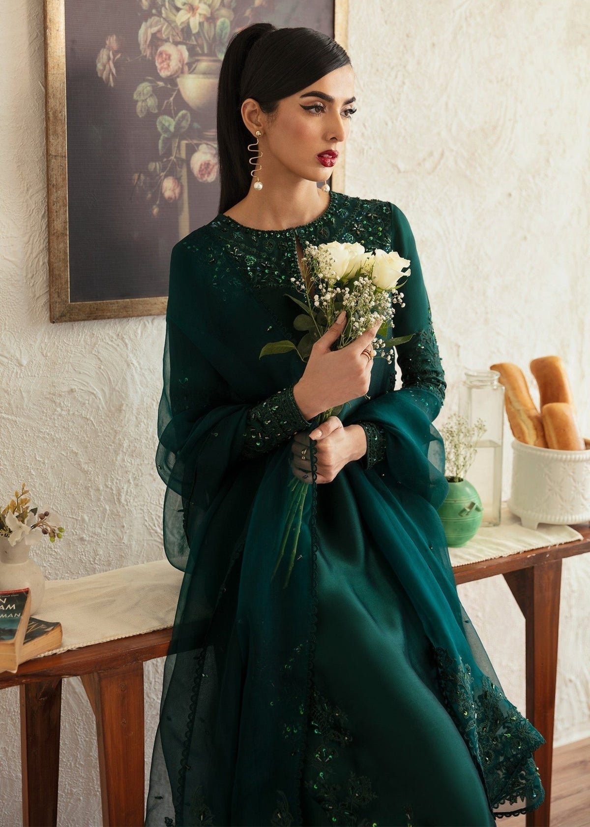 Kanwal Malik Neva Hand Embellished Organza Party Wear Suit - Close-Up Hand Embellishment Tilla & Pearl Work | IQNAZ