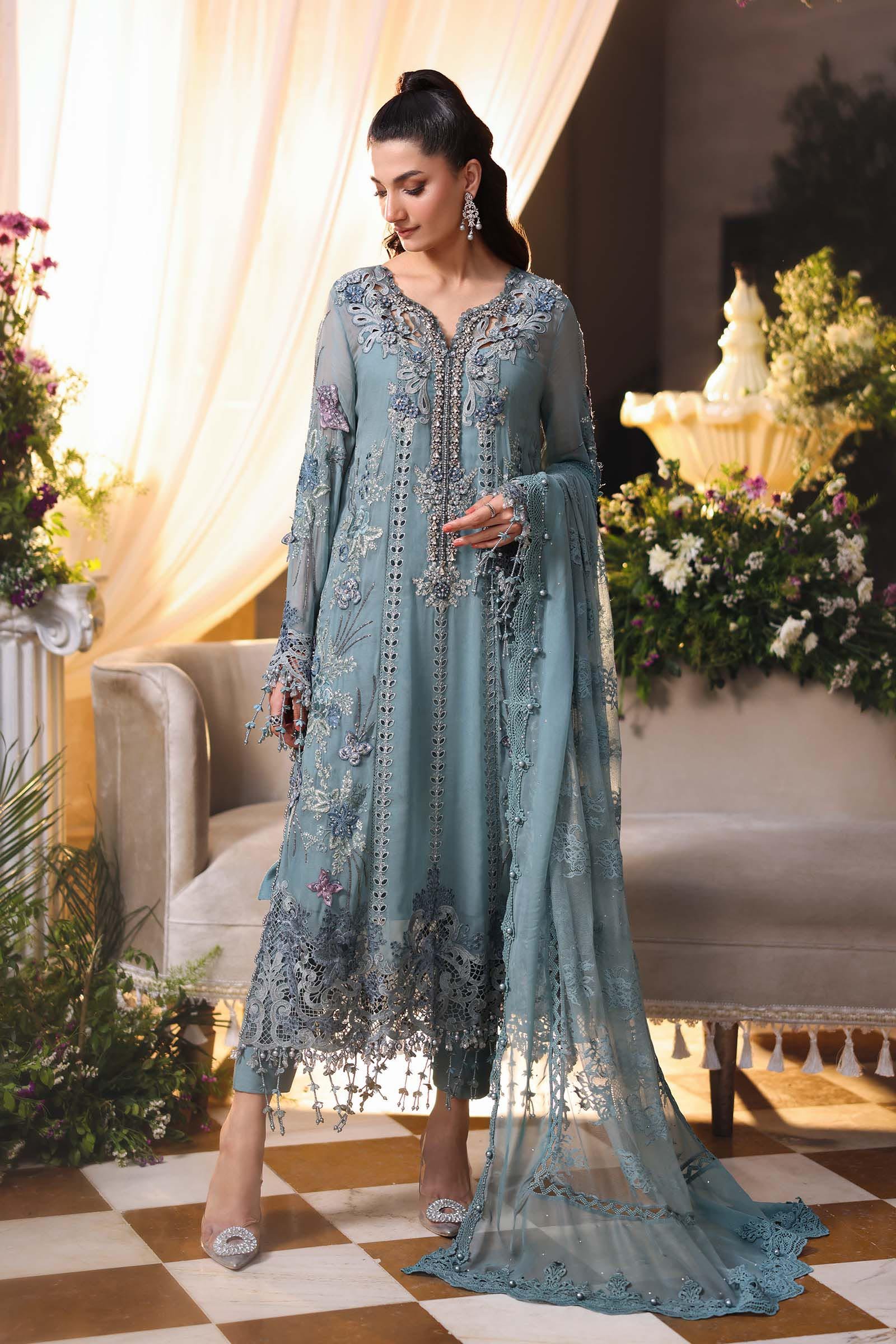 Maria B Embroidered Chiffon Party Wear Suit - Model Front Look | Pakistani Designer Replica Wholesale | IQNAZ