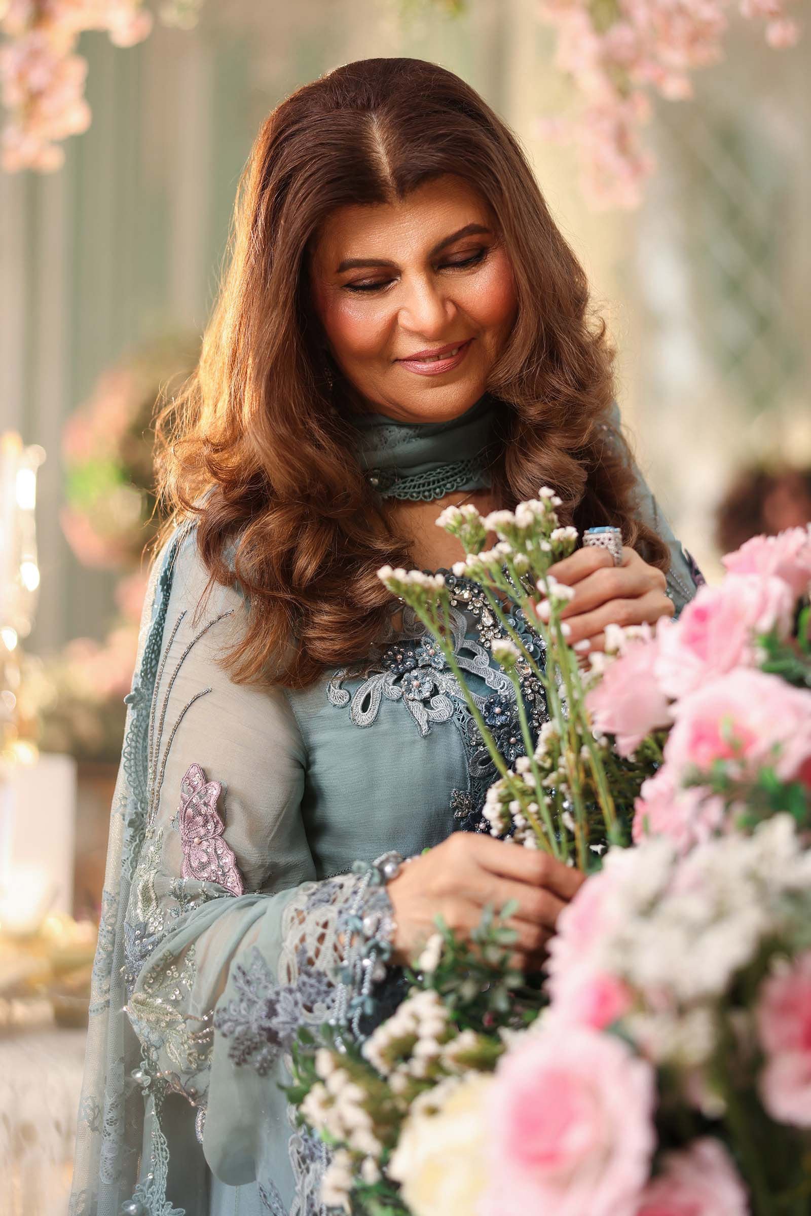 Maria B Embroidered Chiffon Party Wear Suit - Close-Up Hand Embellishment Tilla & Pearl Work | IQNAZ