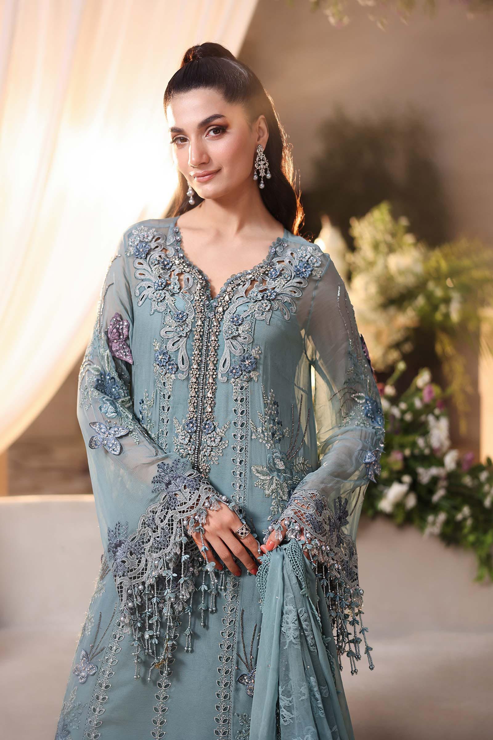 Maria B Embroidered Chiffon Party Wear Suit - Embroidered Back & Daman Silhouette Detailing | IQNAZ