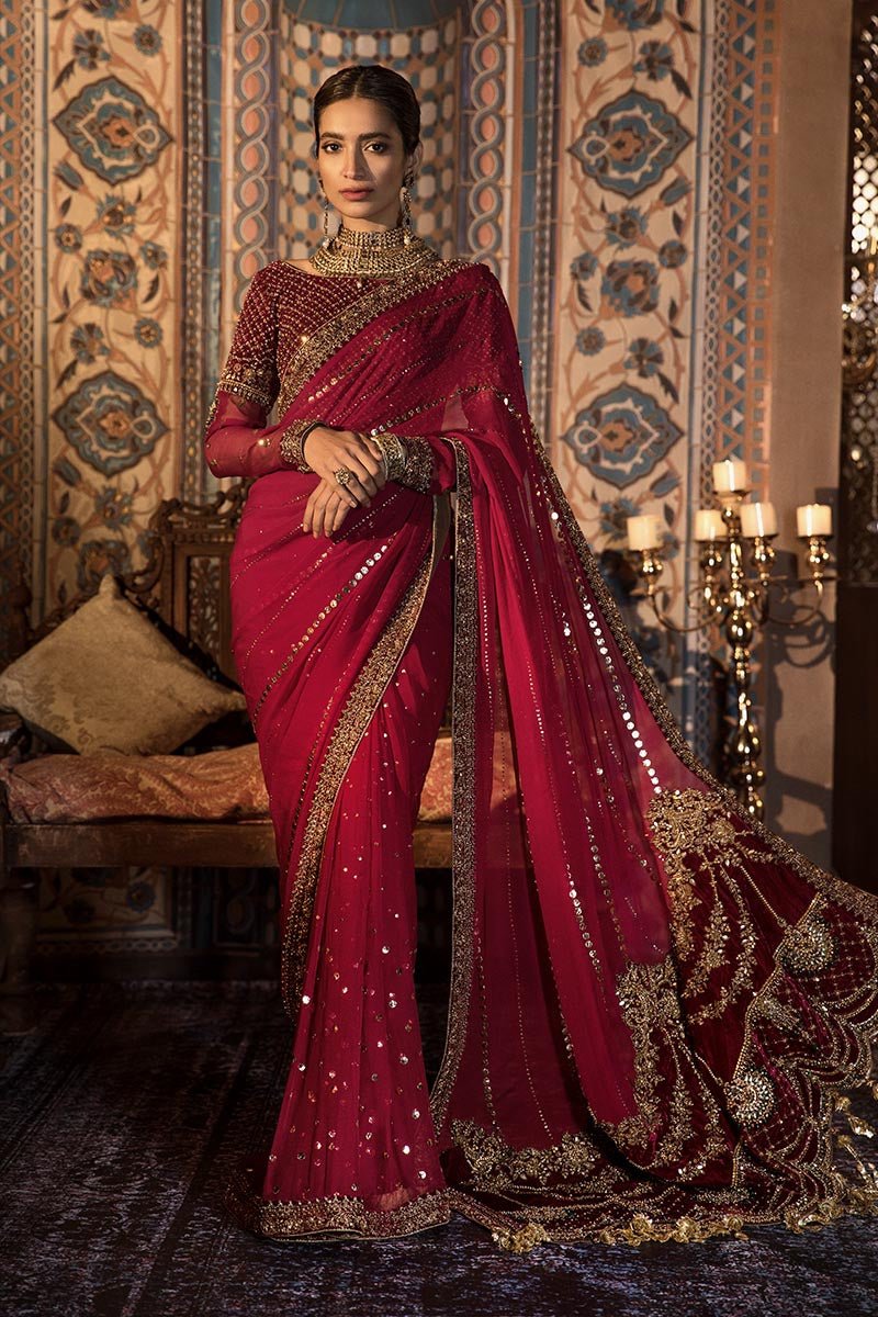 Maria B Ketifa Embroidered Chiffon Saree - Model Front Look | Pakistani Designer Replica Wholesale | IQNAZ