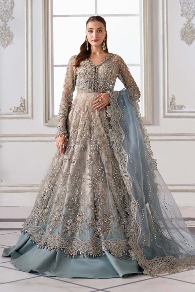Maria B BD-3002 Hand Embellished Net Flared Suit - Model Front Look | Pakistani Designer Replica Wholesale | IQNAZ