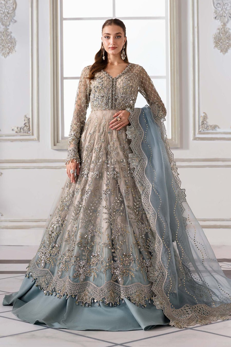 Maria B BD-3002 Hand Embellished Net Flared Suit – Model Front View Maria B BD-3002 Hand Embellished Net Flared Suit - Model Front Look | Pakistani Designer Replica Wholesale | IQNAZ