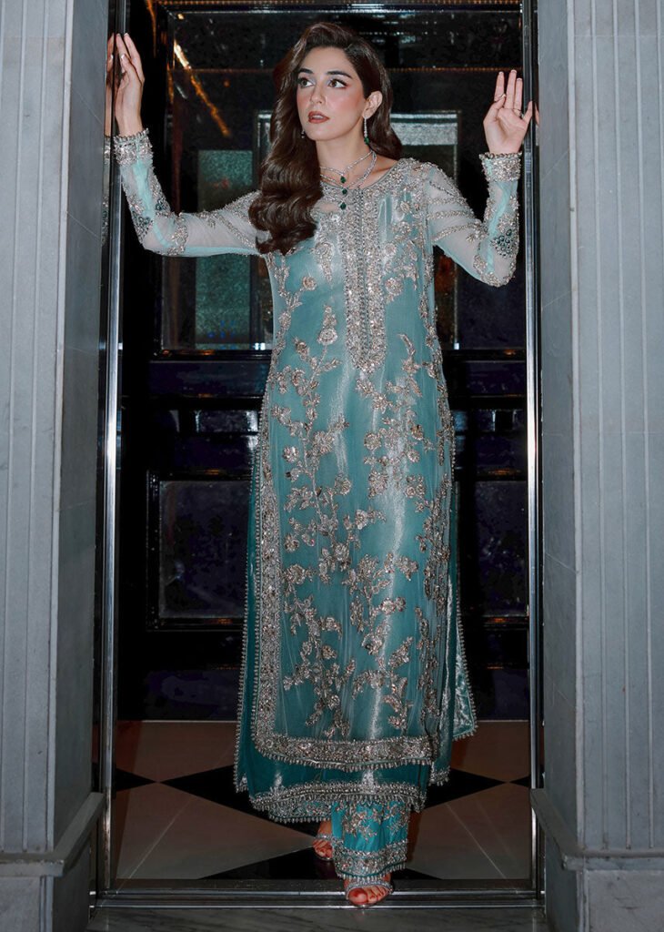 Maria B Ferozeah Embroidered Organza Party Wear Suit - Model Front Look | Pakistani Designer Replica Wholesale | IQNAZ