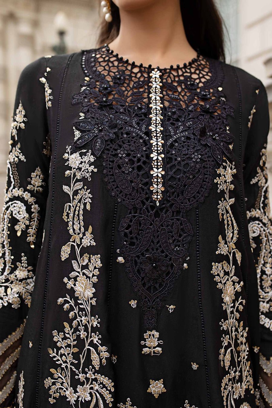 Maria B Embroidered Silk Party Wear Suit - Matching Bottom & Trouser Fabric Details | IQNAZ