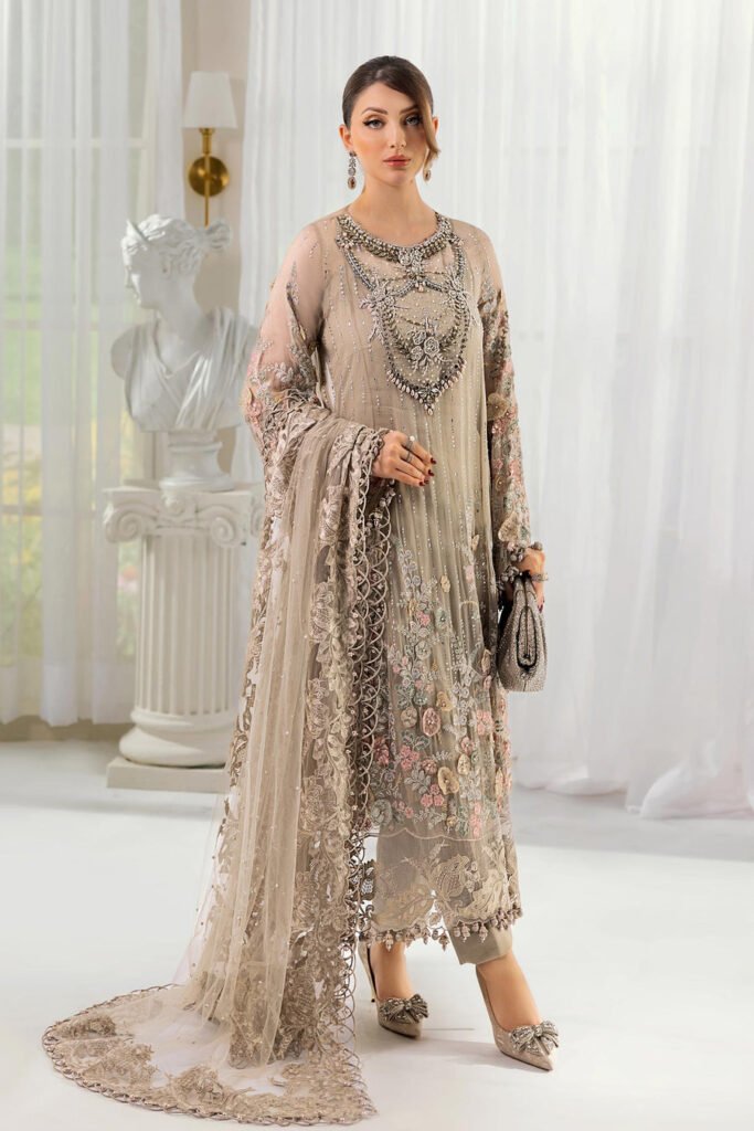 Maria B Embroidered Chiffon Party Wear Suit - Model Front Look | Pakistani Designer Replica Wholesale | IQNAZ