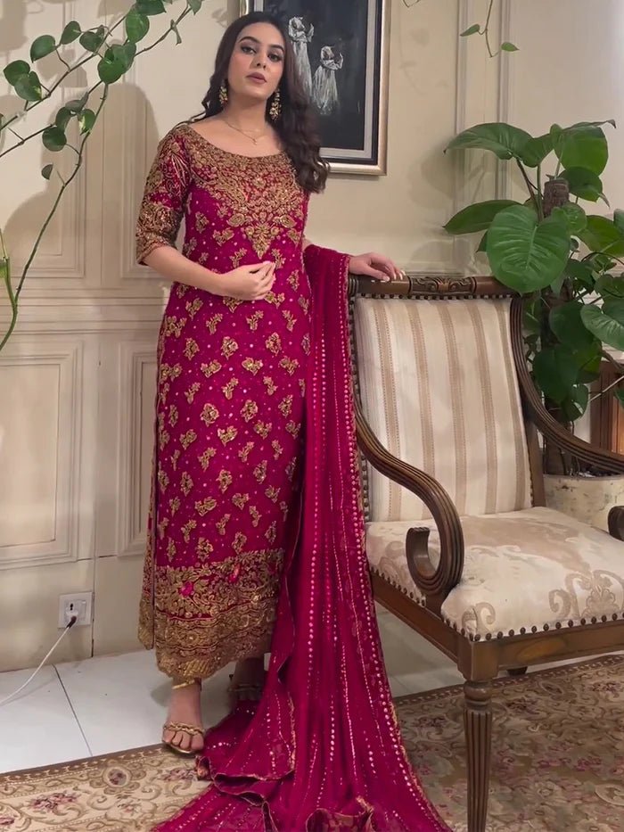 Haris Shakeel Hand Embellished Chiffon Party Wear Suit - Model Front Look | Pakistani Designer Replica Wholesale | IQNAZ