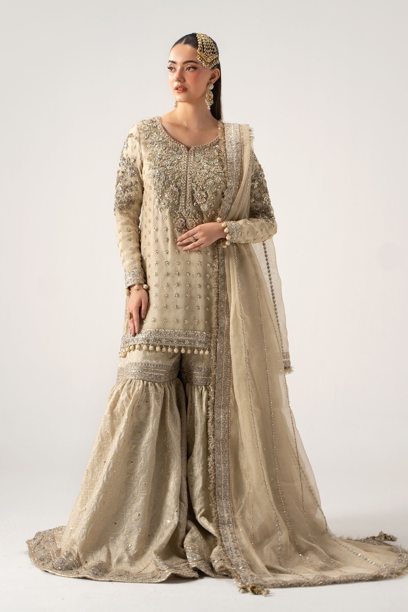 Maria B Hand Embellished Silk Party Wear Suit - Model Front Look | Pakistani Designer Replica Wholesale | IQNAZ