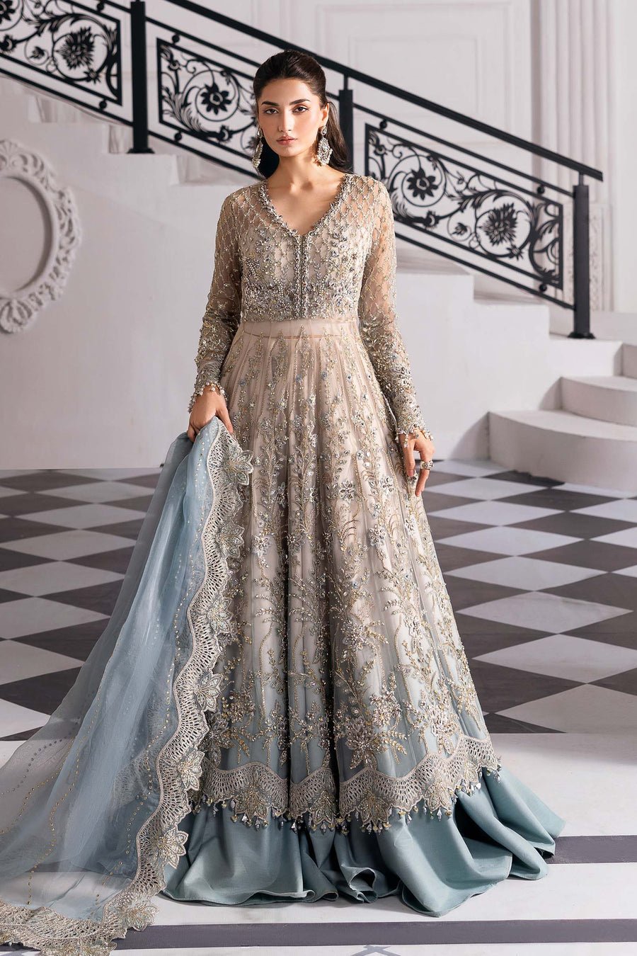 Maria B BD-3002 Hand Embellished Net Flared Suit – Back View & Silhouette Maria B BD-3002 Hand Embellished Net Flared Suit - Embroidered Back & Daman Silhouette Detailing | IQNAZ