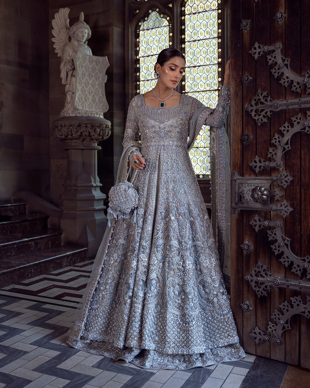 Faiza Saqlain Ayana Hand Embellished Organza Bridal Lehenga - Model Front Look | Pakistani Designer Replica Wholesale | IQNAZ