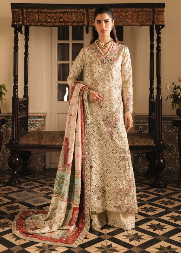 Saira Shakira Hand Embellished Silk Party Wear Suit - Model Front Look | Pakistani Designer Replica Wholesale | IQNAZ