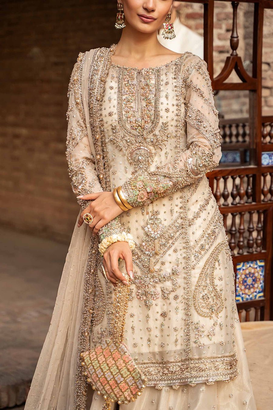 Maria B Ishtar Embroidered Organza Party Wear Suit - Close-Up Hand Embellishment Tilla & Pearl Work | IQNAZ