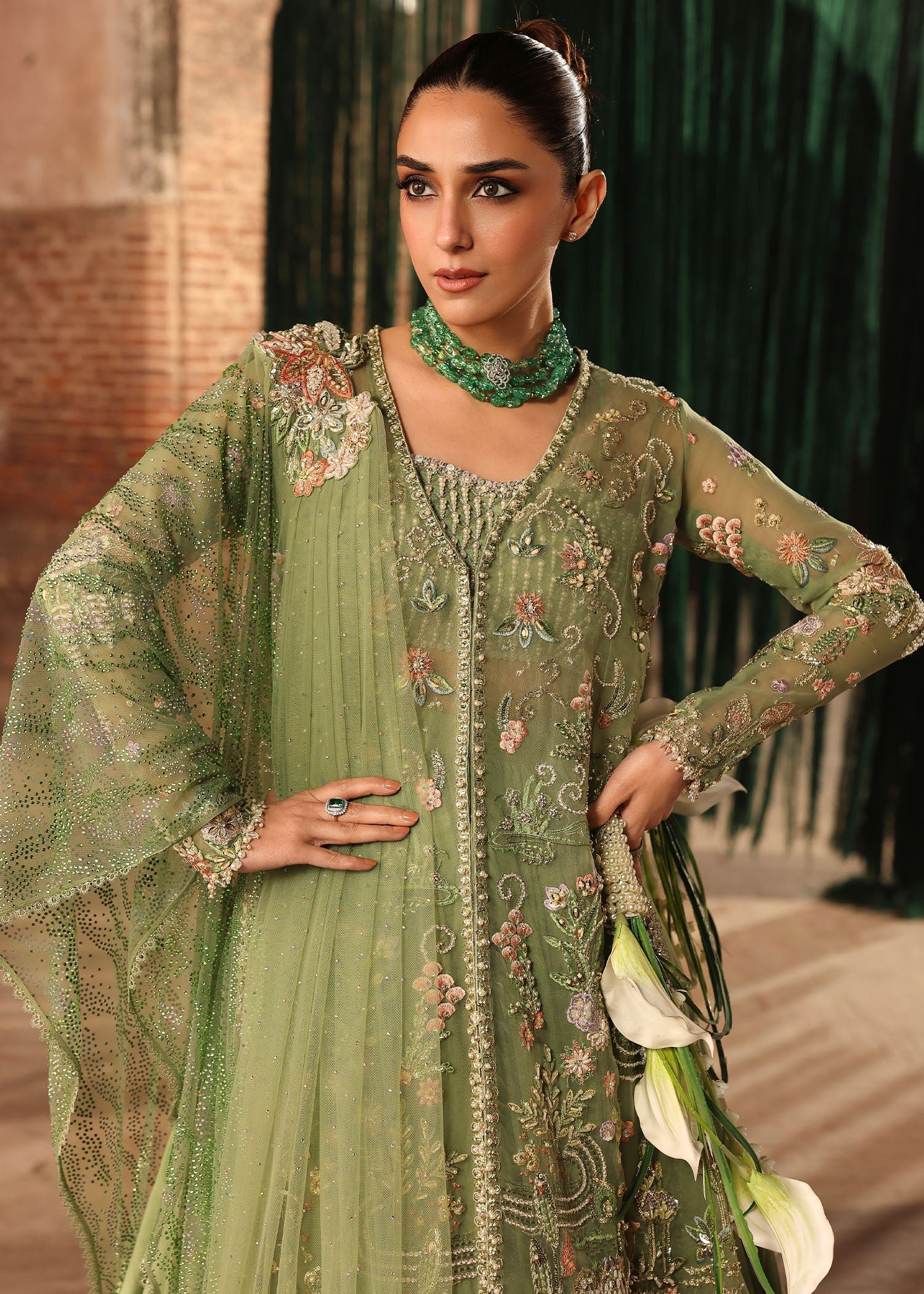 Crimson Matwali Hand Embellished Net Bridal Maxi - Close-Up Hand Embellishment Tilla & Pearl Work | IQNAZ
