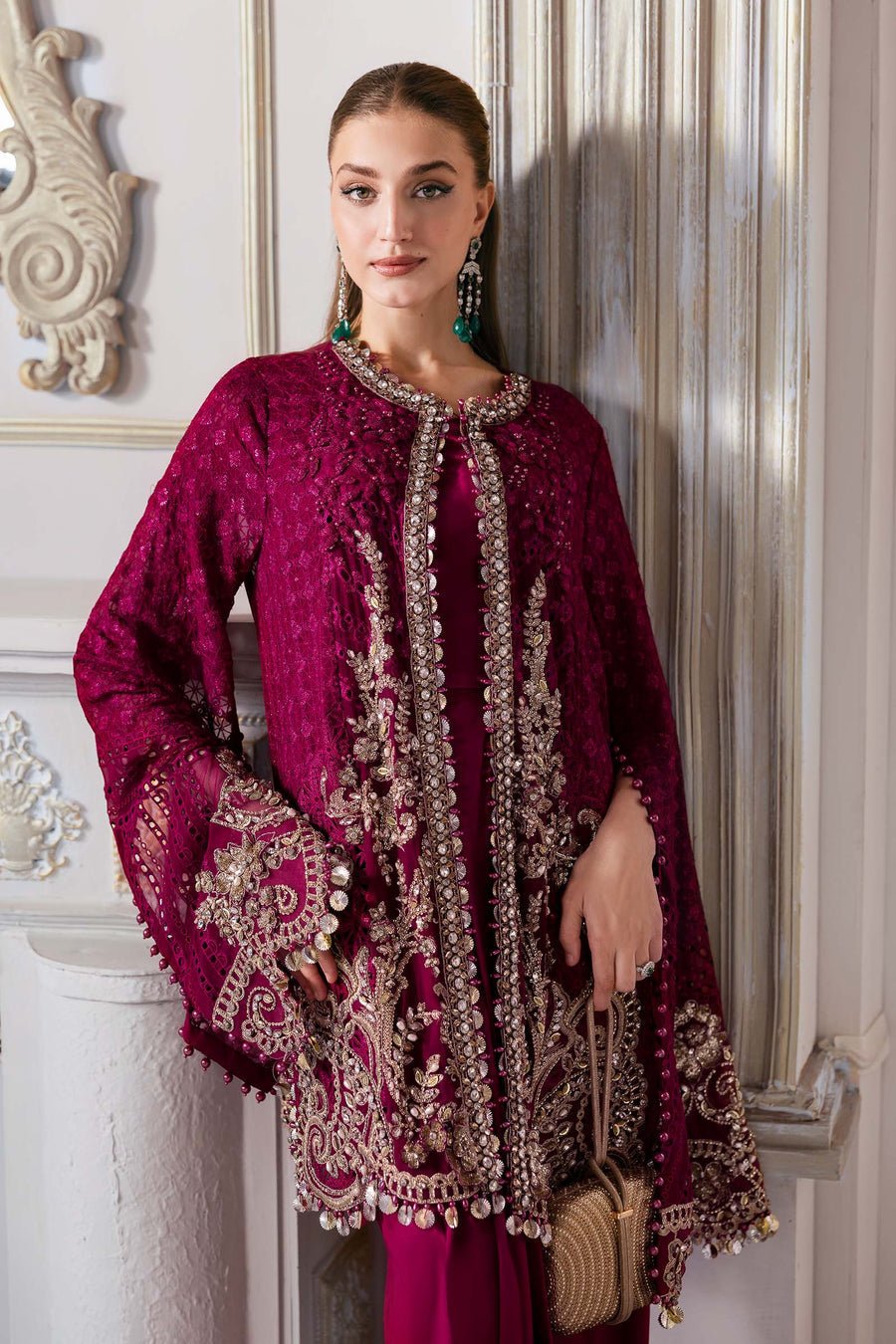 Maria B BD-3003 Embroidered Chiffon Party Wear Suit - Close-Up Hand Embellishment Tilla & Pearl Work | IQNAZ