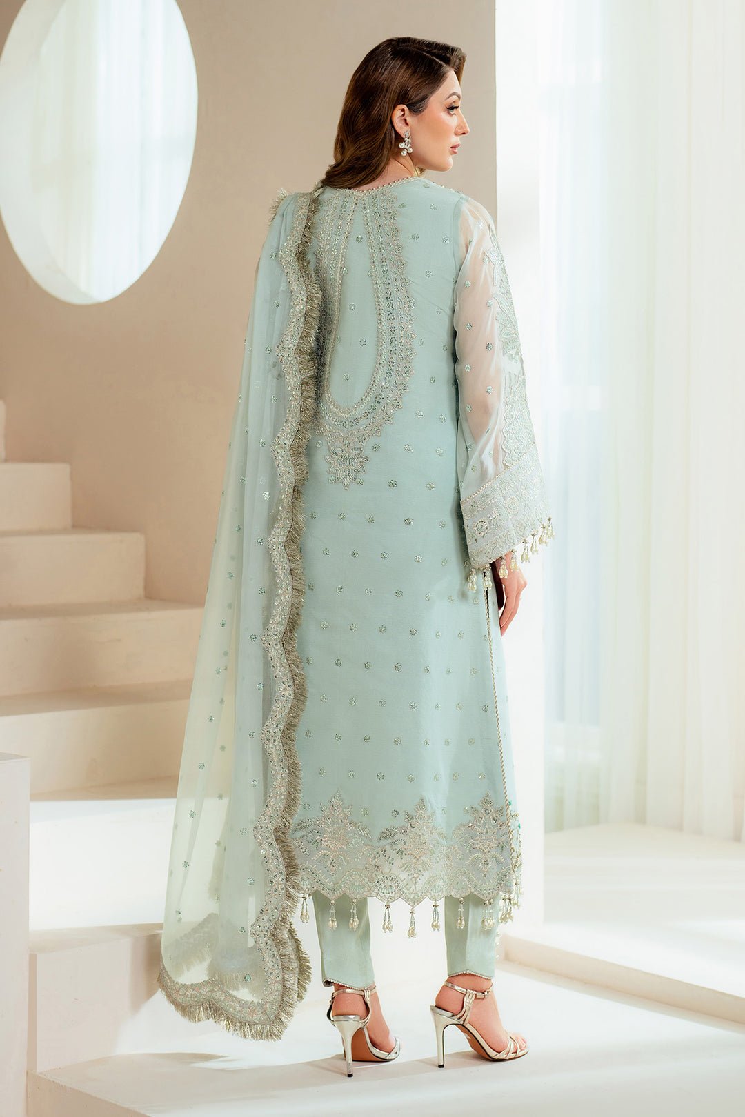 Alizeh Orla Embroidered Chiffon Party Wear Suit - Embroidered Back & Daman Silhouette Detailing | IQNAZ