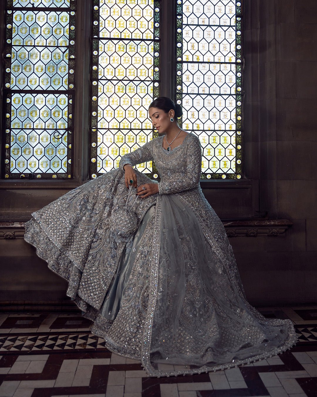 Faiza Saqlain Ayana Hand Embellished Organza Bridal Lehenga - Matching Bottom & Trouser Fabric Details | IQNAZ