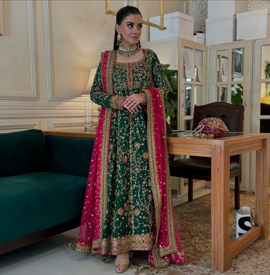 Haris Shakeel Hand Embellished Silk Party Wear Suit - Model Front Look | Pakistani Designer Replica Wholesale | IQNAZ