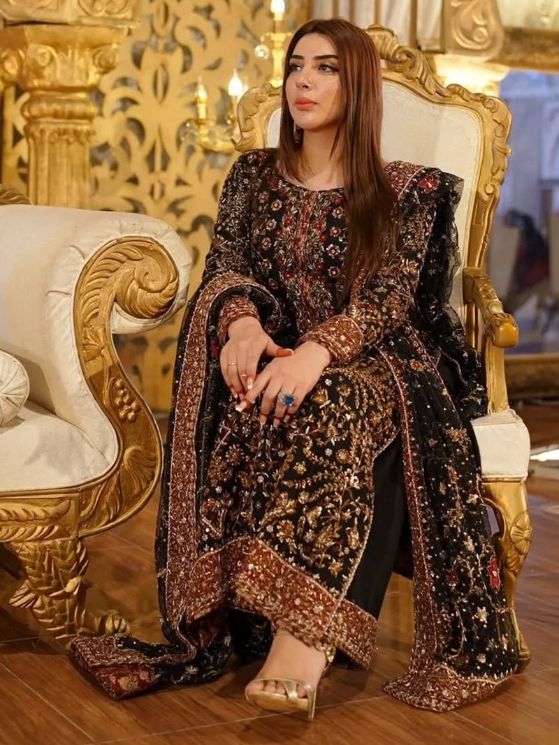 Haris Shakeel Hand Embellished Silk Party Wear Suit - Close-Up Hand Embellishment Tilla & Pearl Work | IQNAZ