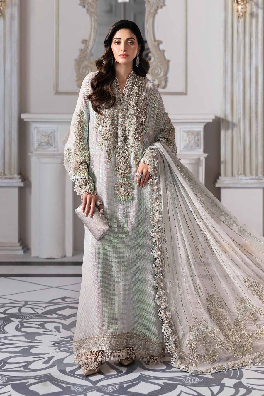 Maria B BD-3005 Embroidered Chiffon Party Wear Suit – Model Front View Maria B BD-3005 Embroidered Chiffon Party Wear Suit - Model Front Look | Pakistani Designer Replica Wholesale | IQNAZ
