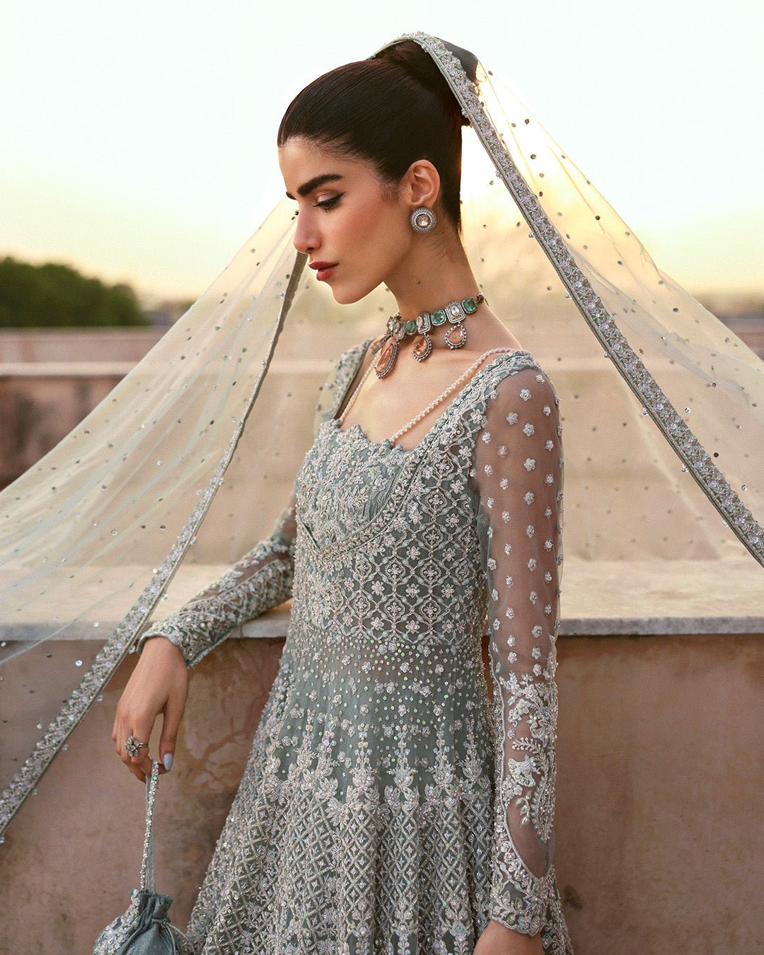 Faiza Saqlain Dorien Hand Embellished Net Bridal Lehenga - Matching Bottom & Trouser Fabric Details | IQNAZ