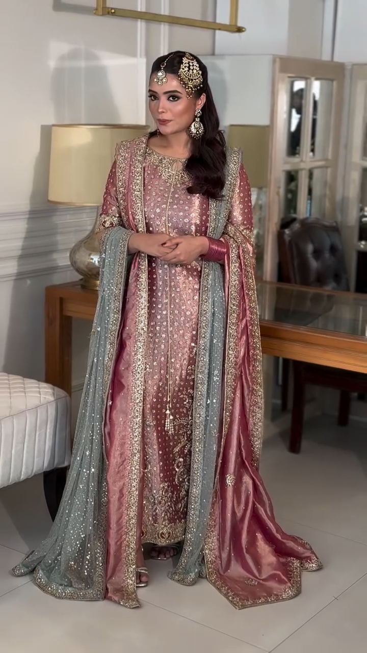 Haris Shakeel Hand Embellished Organza Party Wear Suit - Model Front Look | Pakistani Designer Replica Wholesale | IQNAZ