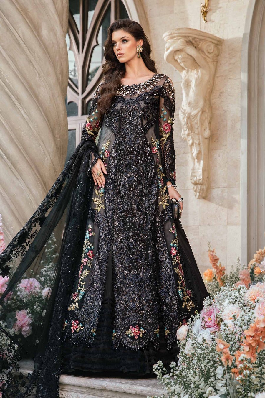 Maria B BD-2802 Hand Embellished Organza Flared Suit – Model Front View Maria B BD-2802 Hand Embellished Organza Flared Suit - Model Front Look | Pakistani Designer Replica Wholesale | IQNAZ