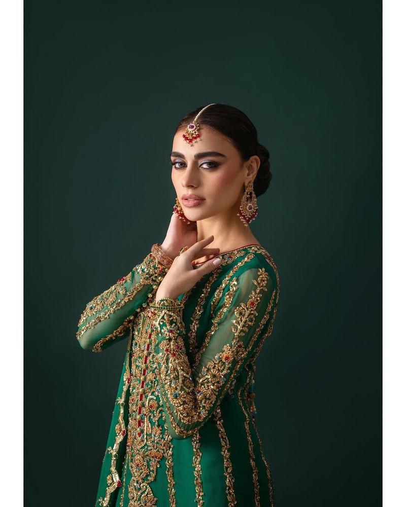 Nomi Ansari Emerald Hues Hand Embellished Chiffon Bridal Saree – Trouser & Bottom Fabric Nomi Ansari Emerald Hues Hand Embellished Chiffon Bridal Saree - Matching Bottom & Trouser Fabric Details | IQNAZ