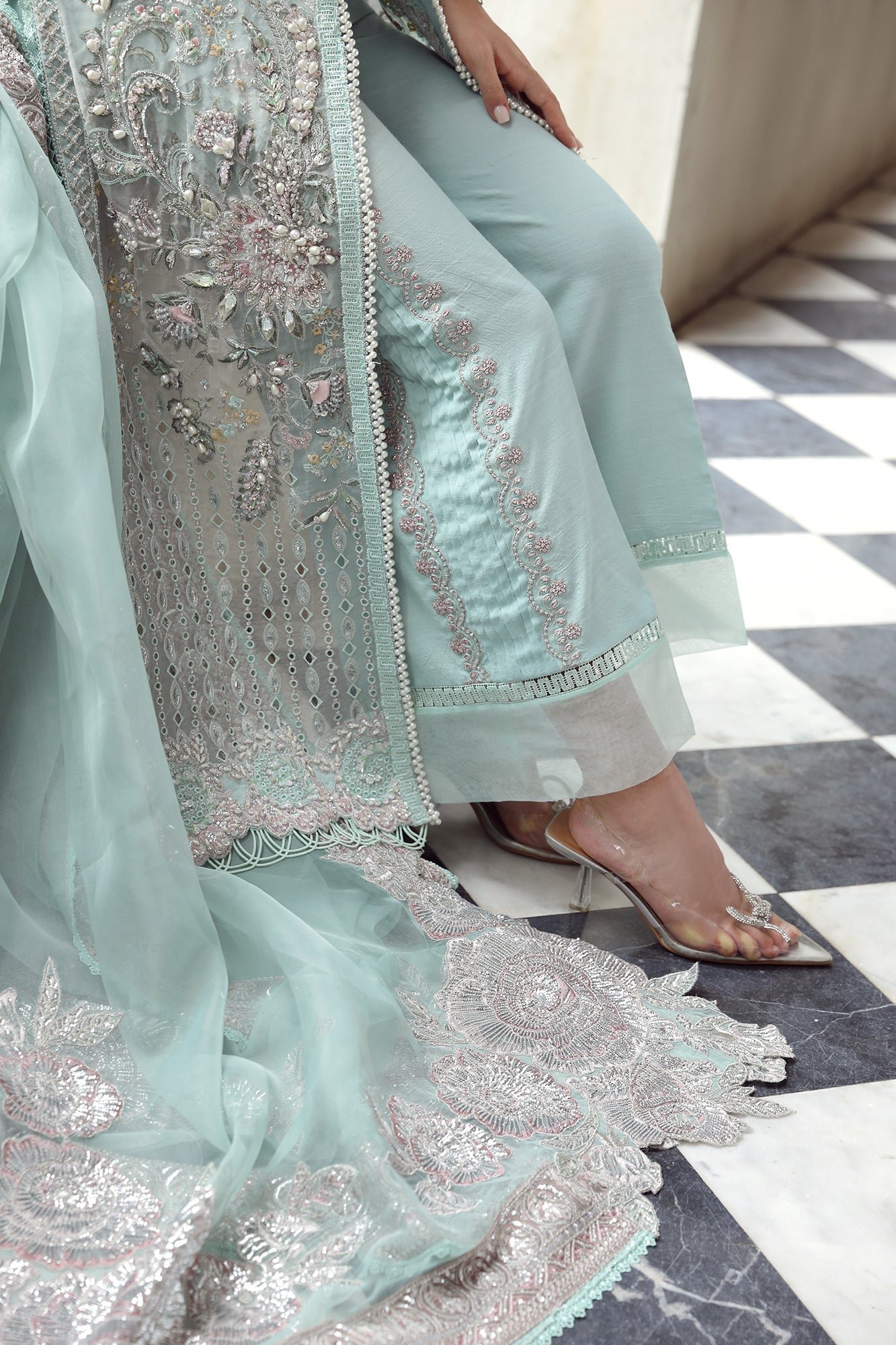 Maryum Hussain Alara Embroidered Organza Party Wear Suit - Matching Bottom & Trouser Fabric Details | IQNAZ