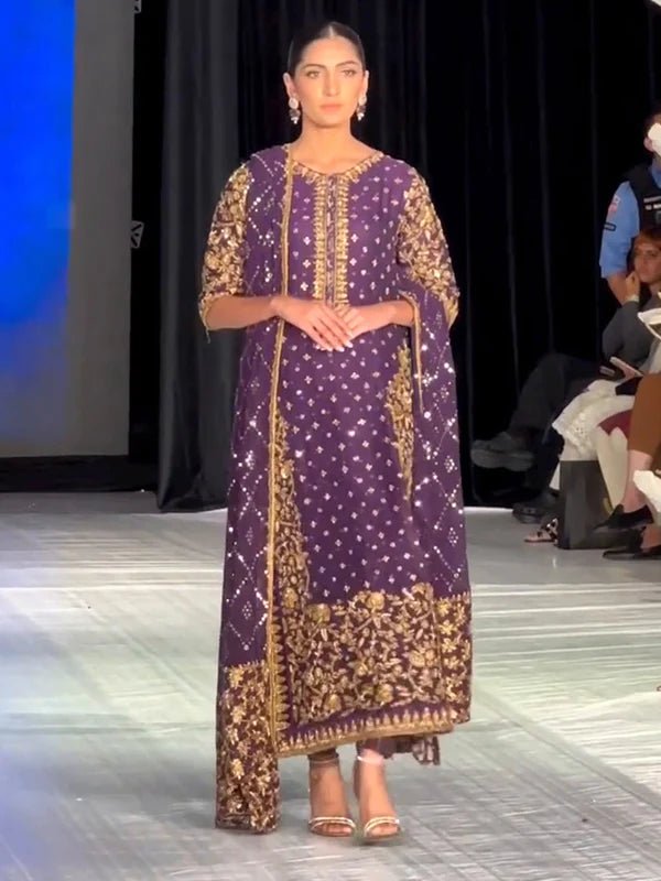 Haris Shakeel Hand Embellished Chiffon Party Wear Suit - Model Front Look | Pakistani Designer Replica Wholesale | IQNAZ
