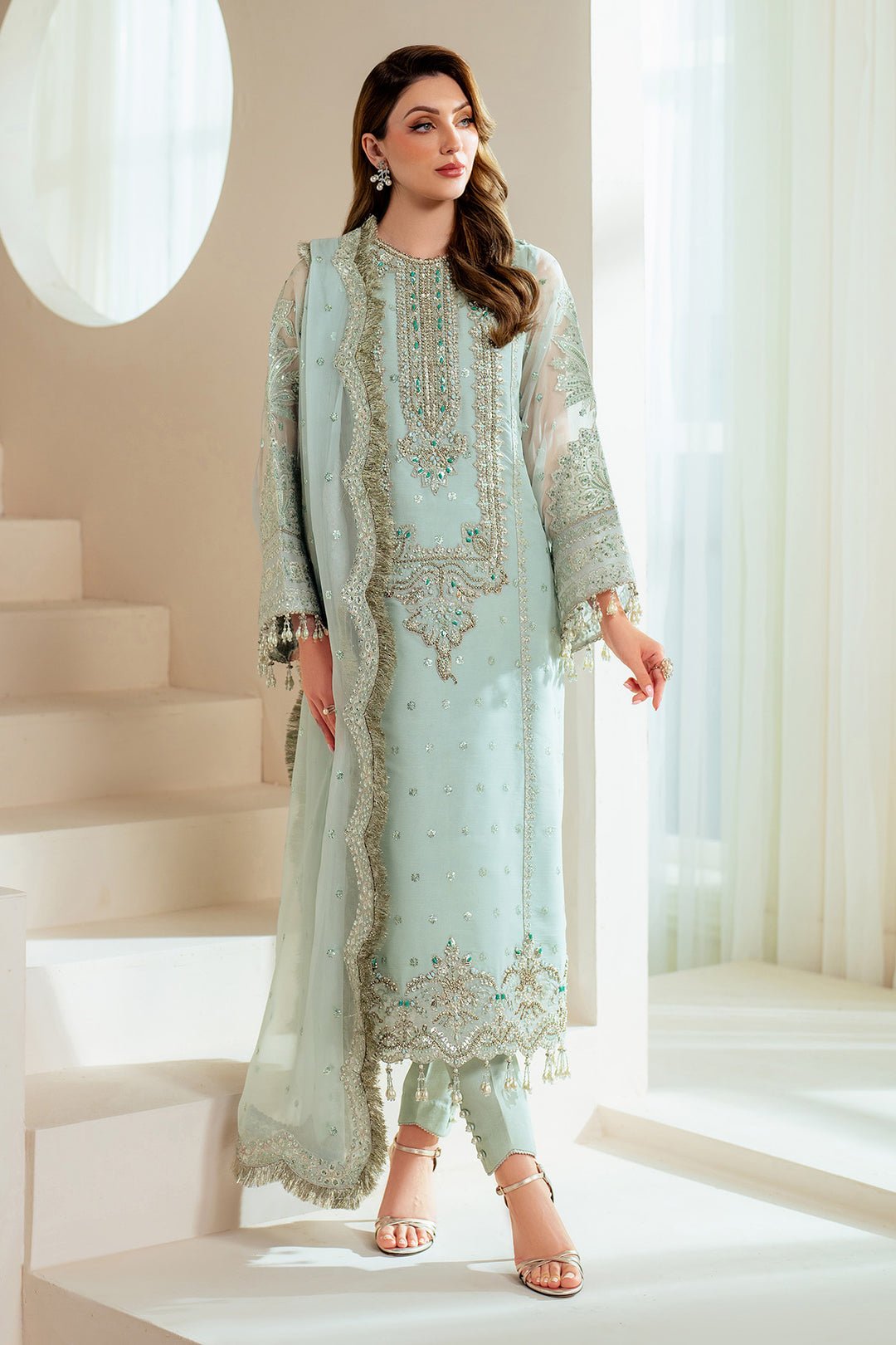 Alizeh Orla Embroidered Chiffon Party Wear Suit - Close-Up Hand Embellishment Tilla & Pearl Work | IQNAZ