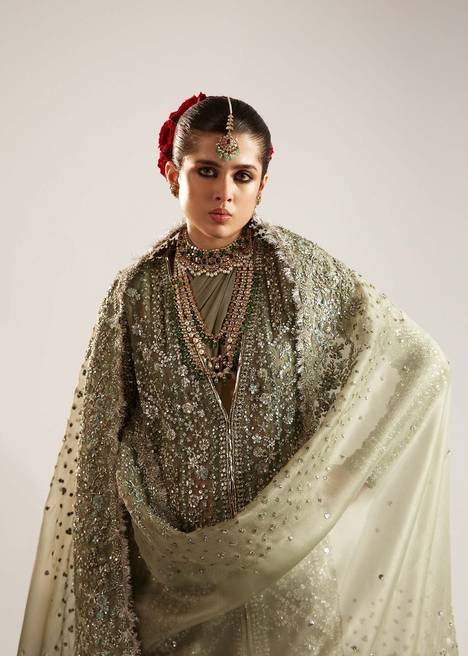 Hussain Rehar Jadeite Embroidered Organza Party Wear Suit - Close-Up Hand Embellishment Tilla & Pearl Work | IQNAZ