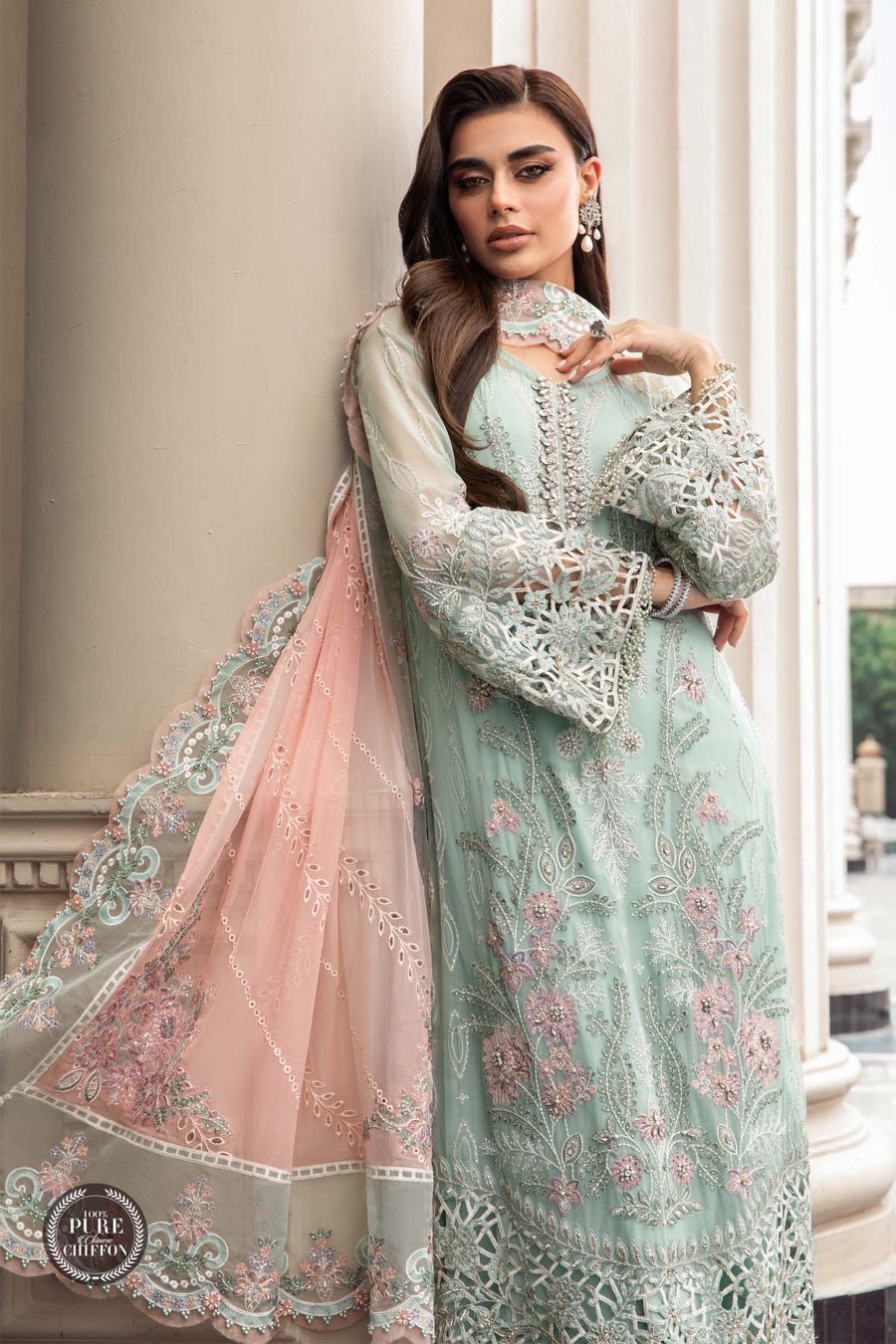 Maria B Mpc Mint Embroidered Chiffon Party Wear Suit - Close-Up Hand Embellishment Tilla & Pearl Work | IQNAZ