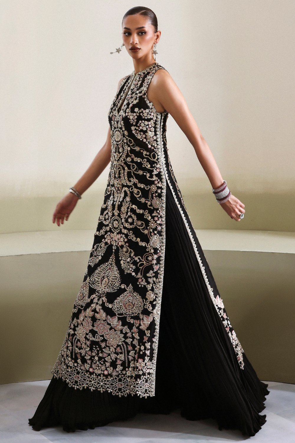 Soraya Myrren Hand Embellished Net Bridal Maxi - Close-Up Hand Embellishment Tilla & Pearl Work | IQNAZ