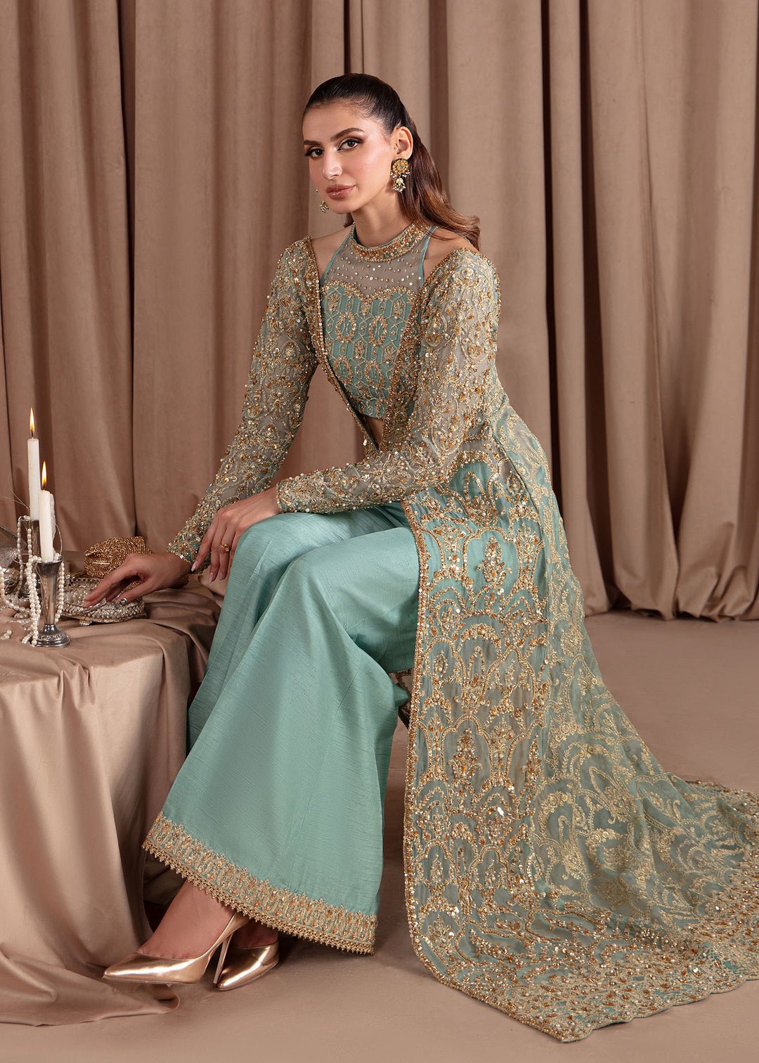 Kanwal Malik Aquamarine Embroidered Organza Party Wear Suit - Close-Up Hand Embellishment Tilla & Pearl Work | IQNAZ
