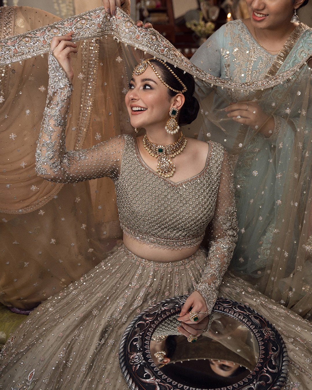 Haris Shakeel Mah Hand Embellished Organza Party Wear Suit - Close-Up Hand Embellishment Tilla & Pearl Work | IQNAZ