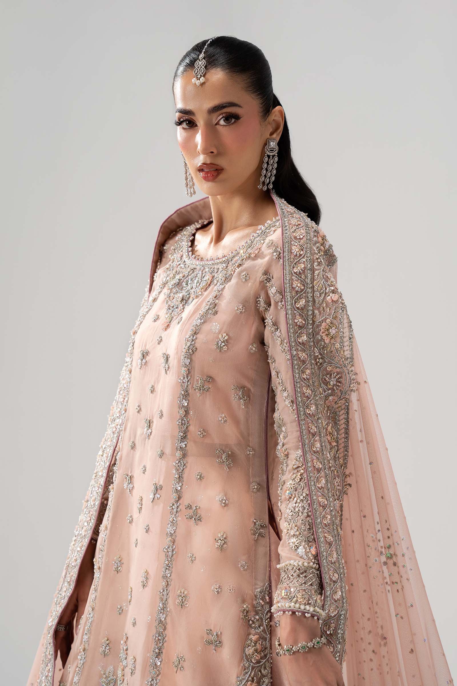 Maria B Hand Embellished Organza Party Wear Suit – Back View & Silhouette Maria B Hand Embellished Organza Party Wear Suit - Embroidered Back & Daman Silhouette Detailing | IQNAZ
