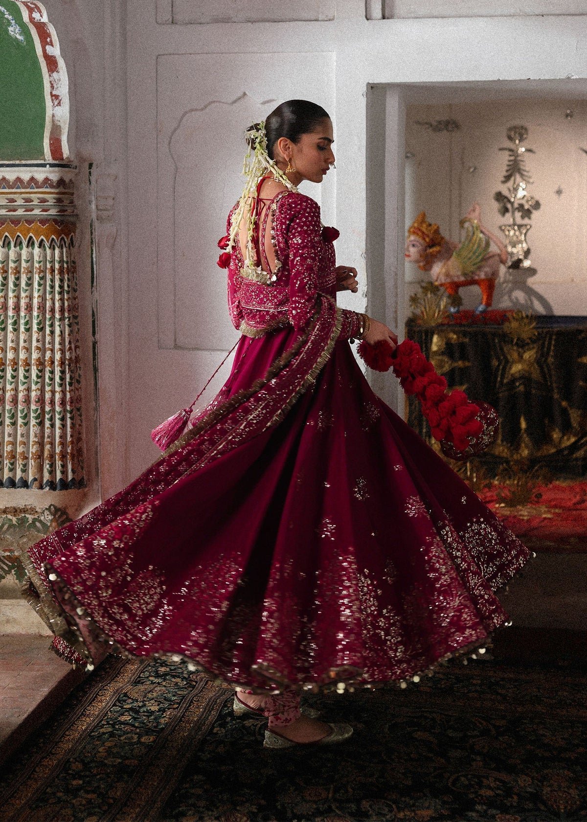 Hussain Rehar Gul Hand Embellished Organza Party Wear Suit – Embroidery & Handwork Detail Hussain Rehar Gul Hand Embellished Organza Party Wear Suit - Close-Up Hand Embellishment Tilla & Pearl Work | IQNAZ