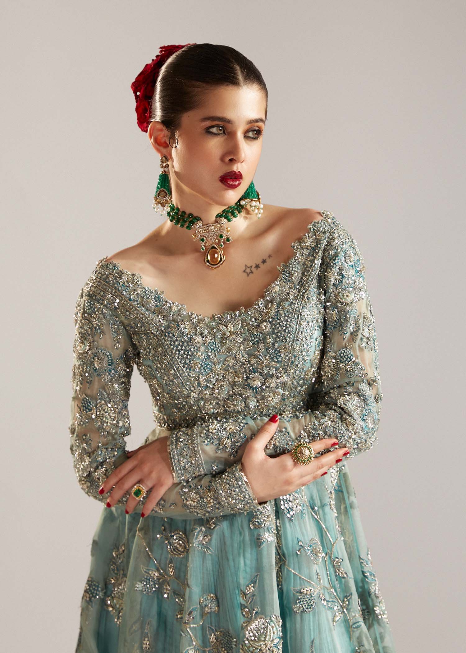 Hussain Rehar Hand Embellished Silk Party Wear Suit - Designer Photoshoot Gallery Angle 6 | IQNAZ Couture