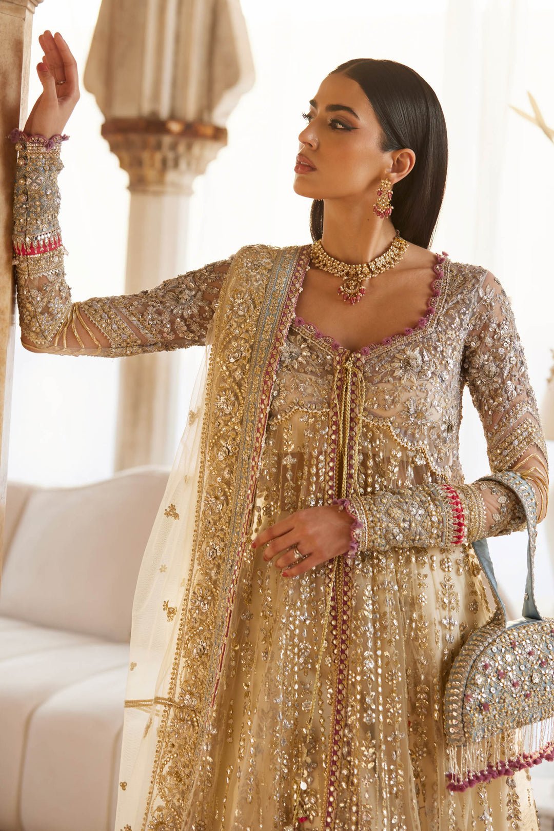 Zaha Zar-E Mahr Hand Embellished Raw Silk Bridal Lehenga - Close-Up Hand Embellishment Tilla & Pearl Work | IQNAZ