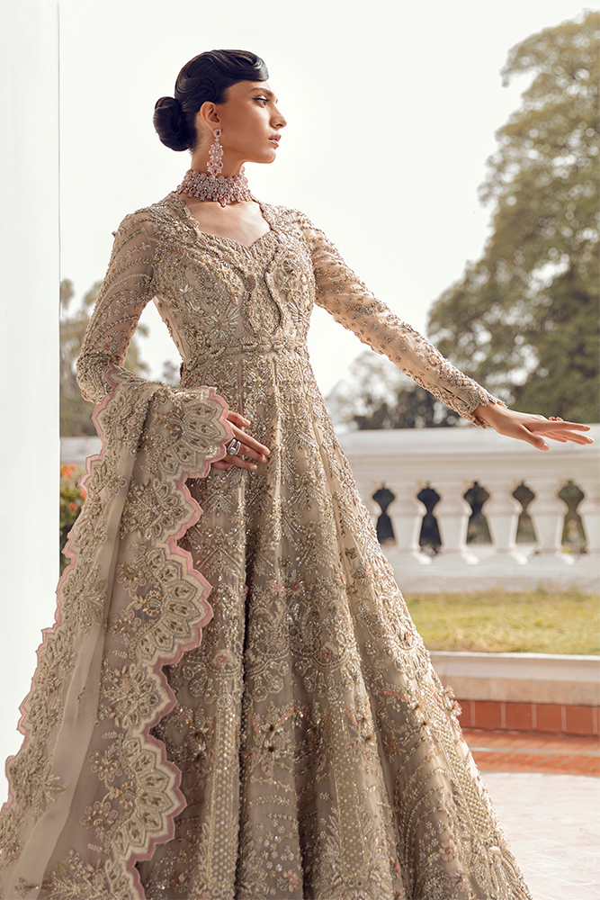 Maria B Alena Hand Embellished Organza Bridal Lehenga - Close-Up Hand Embellishment Tilla & Pearl Work | IQNAZ