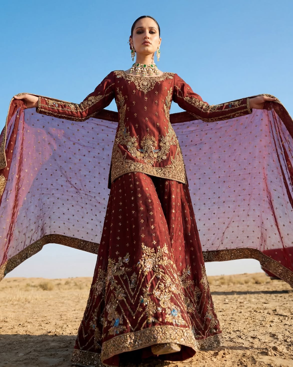 Ahmad Sultan Aethel Hand Embellished Raw Silk Bridal Lehenga - Four-Sided Embroidered Dupatta & Pallu Border | IQNAZ