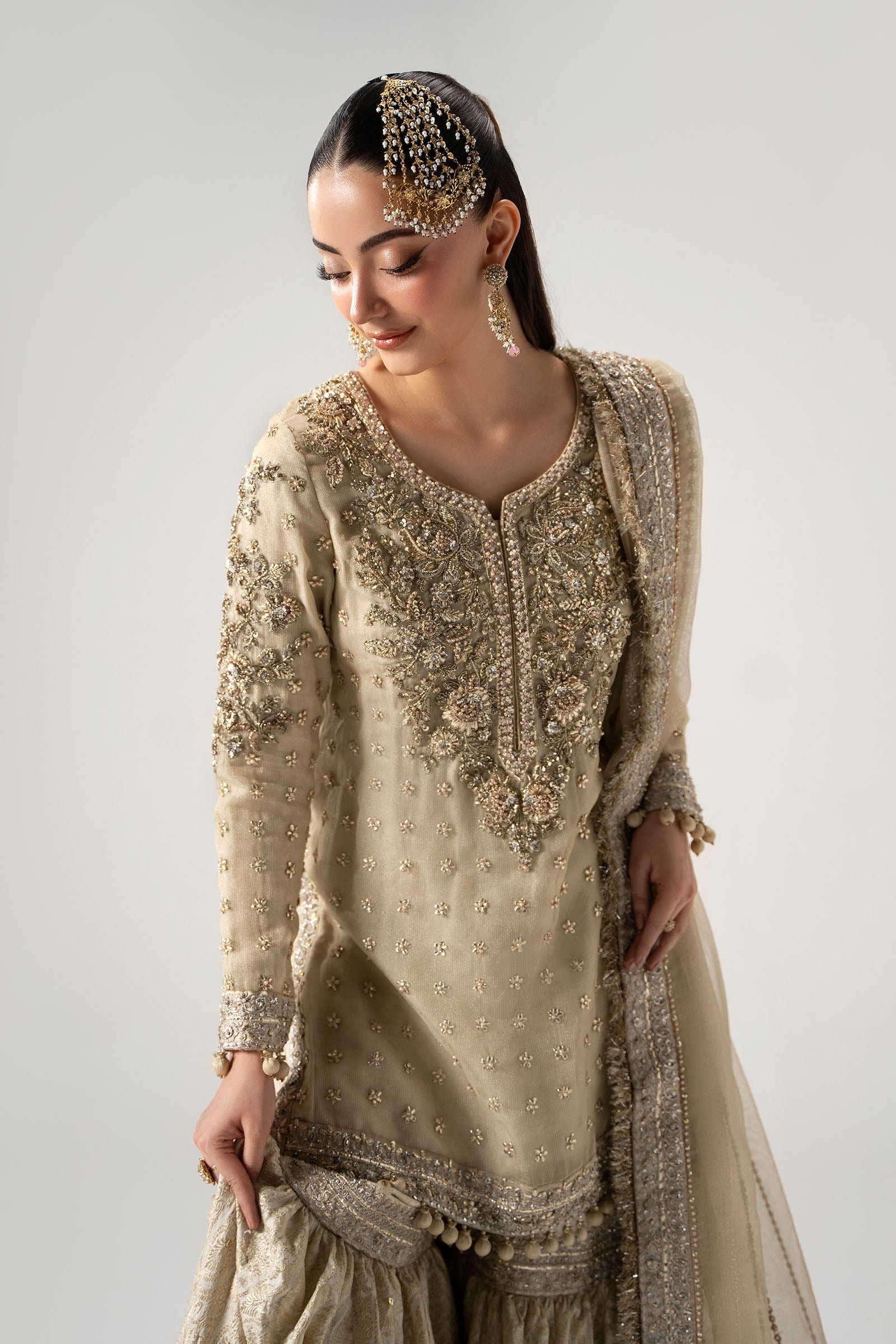 Maria B Hand Embellished Silk Party Wear Suit - Four-Sided Embroidered Dupatta & Pallu Border | IQNAZ