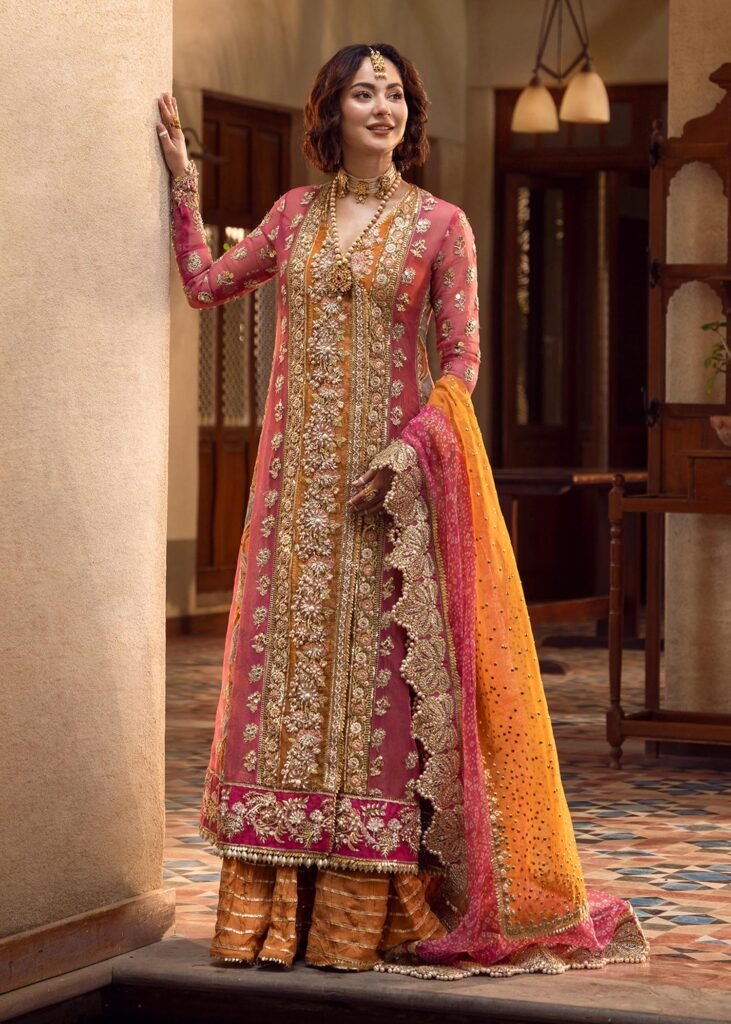 Crimson Mehndi Galore Embroidered Organza Party Wear Suit - Model Front Look | Pakistani Designer Replica Wholesale | IQNAZ
